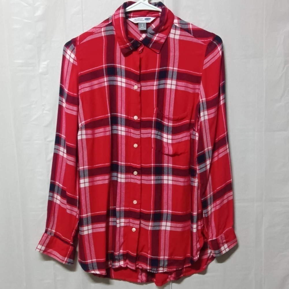 🦋 Old Navy Plaid Flannel Shirt Red Black White Petite Small